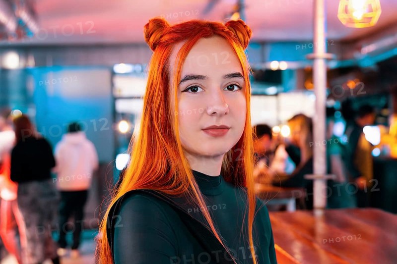 A woman with red hair visits a bustling Asian food market, surrounded by vibrant colors and diverse cuisines She explores various stalls in a lively atmosphere