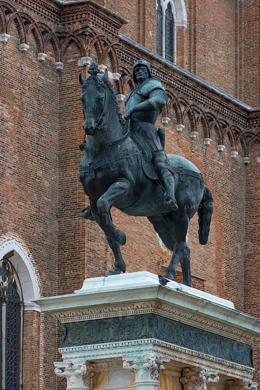 Equestrian statue of Commander Bartolomeo Colleoni, 1400-1475, in front of the church of Santi Giovanni e Paolo, Venice, Veneto, Italy