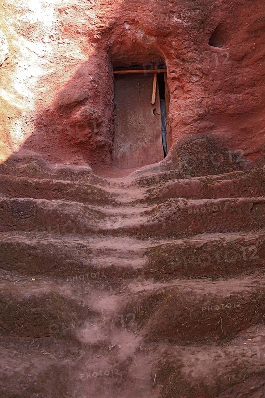 Lalibela, near the eastern group of rock-hewn churches, old entrance to the double church of Gabriel-Raphael, Pray Gabriel-Raphael, Ethiopia