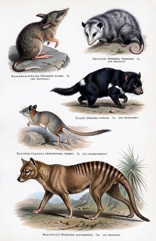 Display Panel Marsupials, Opossums (Didelphis), Marsupial rat, Marsupial devil (Sarcophilus harrisii), also Tasmanian devil, Marsupial wolf (Thylacinus cynocephalus), also Tasmanian wolf, Marsupial tiger, Tasmanian tiger, Nose prey or prey badger (Peramelemorphia), Jumping marsupial (Antechinomys laniger), Animal world, Animal kingdom, Wildlife, Fauna, Australia, Historical illustration, digitally manipulated