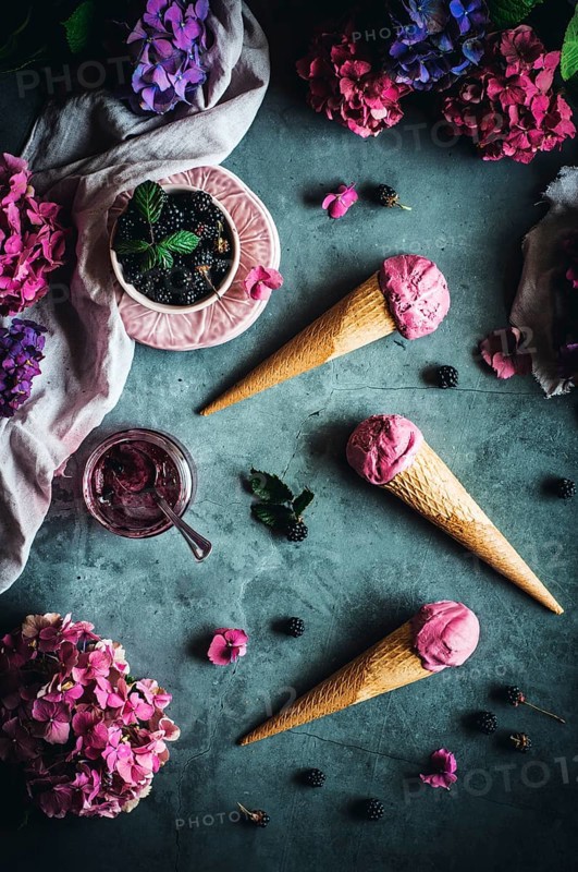 Tempting blackberry cones featuring Greek yogurt, cream, and homemade wild blackberry jam. A perfect blend of creamy and fruity flavors for a delightful treat