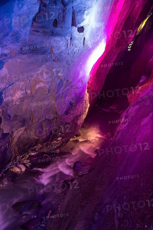 The Tamina Gorge and the Tamina River illuminated in colour at night, Altes Bad Pfäfers, St. Gallen, Switzerland