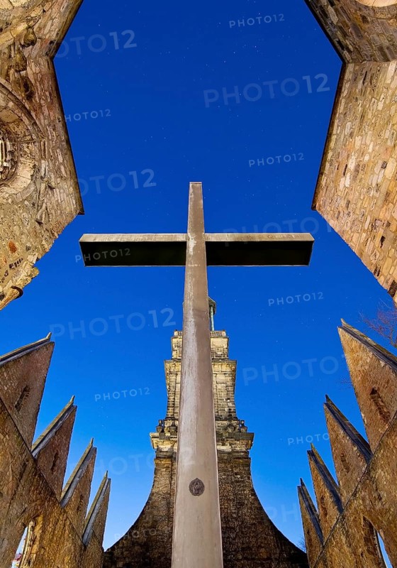 Aegidienkirche with apsis cross in the evening, not rebuilt, memorial to the victims of war and violence, Hanover, Germany