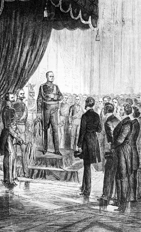 The imperial deputation of deputies from Frankfurt in front of Emperor Frederick William IV, development of democracy, power and participation of parliament, rejection of parliamentary wishes by rulers, democratic constitution, aristocracy, elevated throne, social status, Prussia, historical illustration 1884