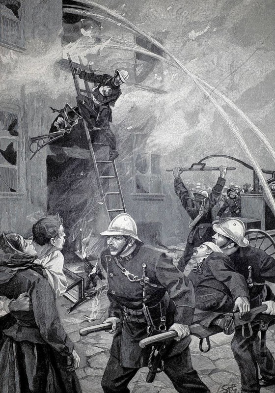 The fire department deployed at a burning house, the firefighters rescued a man and a baby and are extinguishing them with several jets of water. Commemorative sheet for the 50th anniversary of the Durlach fire brigade, 1896, Baden-Württemberg, Germany, illustration, reproduction from a model from the 19th century. Authentic, file restored for optimal use, exact date of submission unknown, historical, firefighters fight a fire, some carry injured people while others carry out firefighting