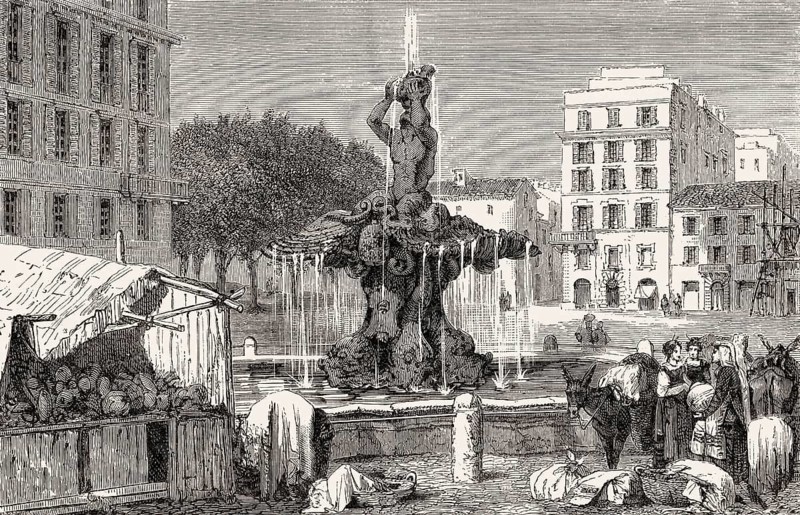 Fontana del Tritone, Triton Fountain, Piazza Barberini, Rome, Italy, 19th Century