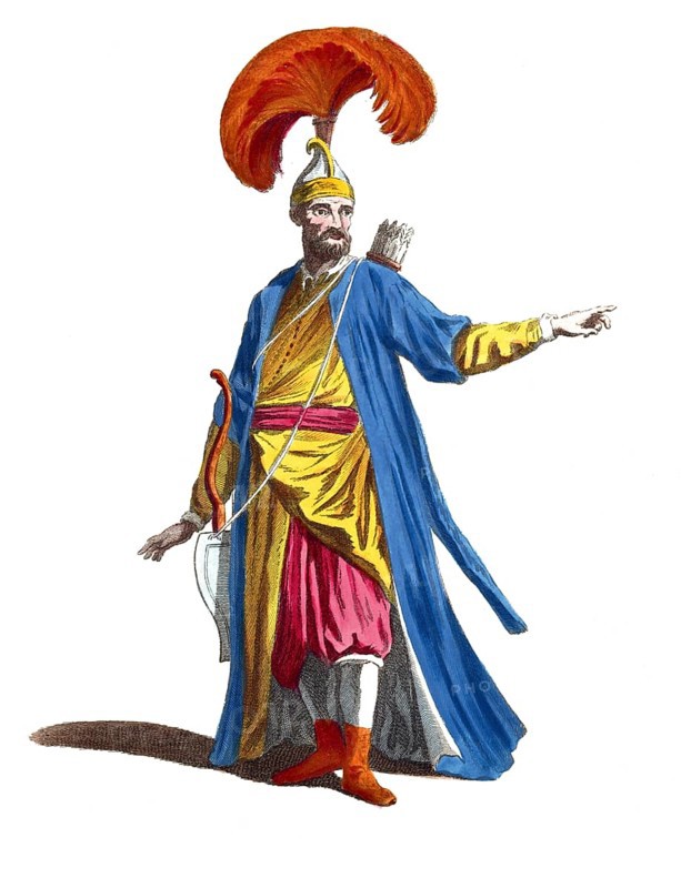 Historical clothing, fashion over the course of time, clothing of the bodyguard of the Grand Seignior, Emperor of the Turks, in 1700, digitally restored reproduction of a model from the 18th/19th century, exact date unknown, man in blue and gold robe with bow and arrows, red feathered hat