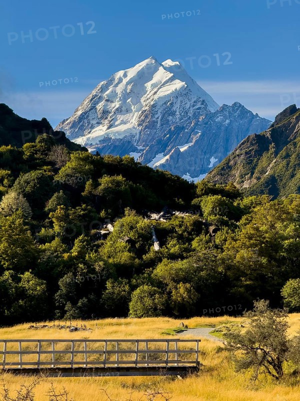 Stunning autumn landscape of Mount Cook, New Zealand, featuring snow capped peaks and lush foliage. A tranquil scene with a clear blue sky, perfect for nature lovers