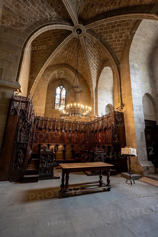 Interior with choir stalls in Notre Dame de Lausanne Cathedral, Lausanne, Vaud, Switzerland