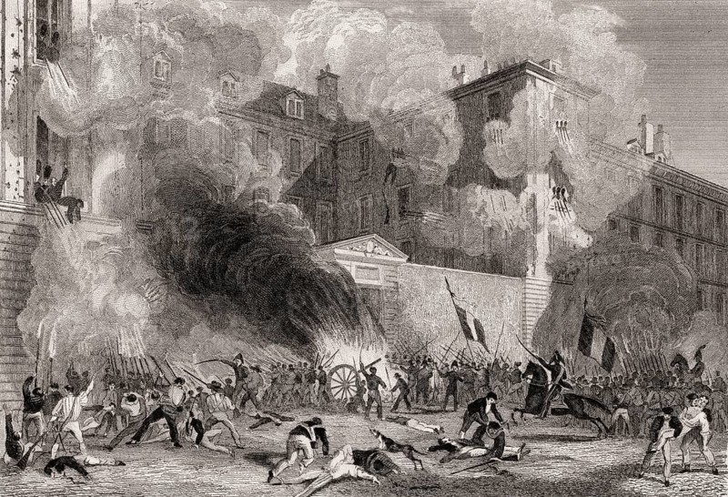 Attack to caserne Babylone of the Swiss Guards, rue de Babylone, Paris, antique steel engraved print, 1831