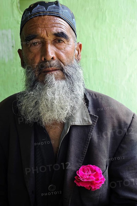 Portrait of a muslim man from the Uzbek ethnic group, Kyrgyzstan. Wearing a pink rose in the pocket