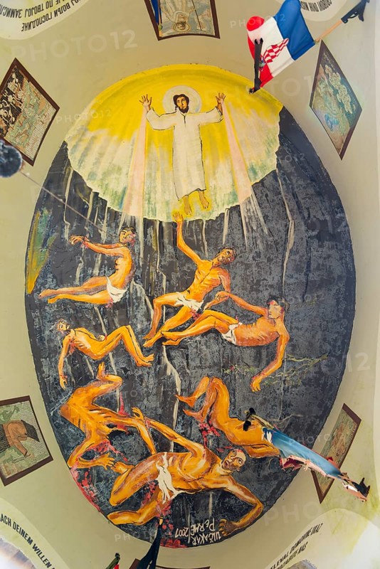 Dramatic fresco ceiling painting with Jesus in a ray of light and falling figures, Jama pod Krenom, remembrance of the mass murders of the Second World War, forest near Kocevje, Kocevje, Gottschee, historical landscape of Lower Carniola, south-east Slovenia, Slovenia