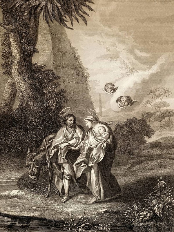 The flight to egypt, steel engraving, 1853, digitally restored