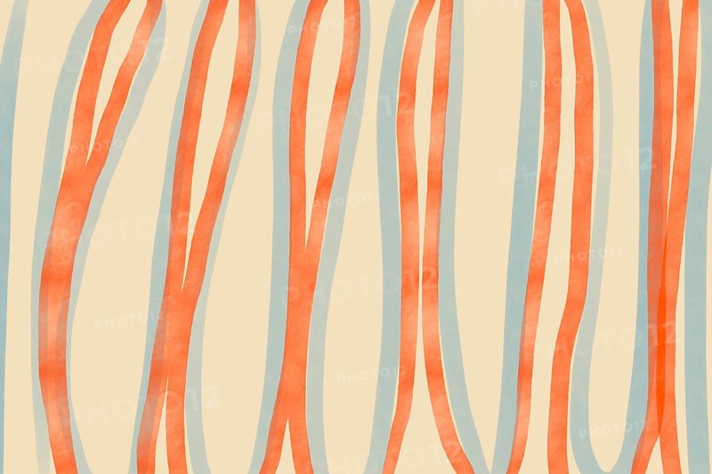 Abstract art featuring orange and blue wavy lines on a beige background. The hand-drawn design embodies a playful abstraction with retro, organic influences and a soft palette