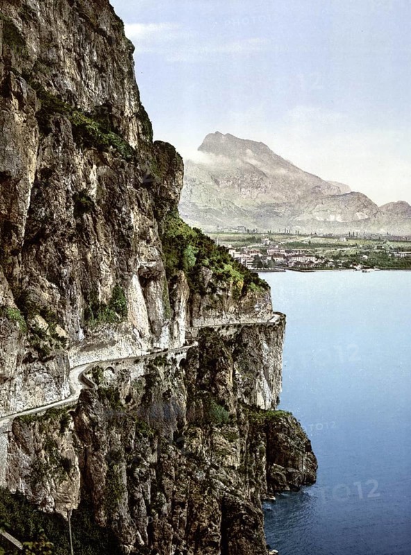 Ponale road and view of Riva, Lake Garda, Italy, Historical, digitally restored reproduction from a 19th century original, 1880, Record date not stated