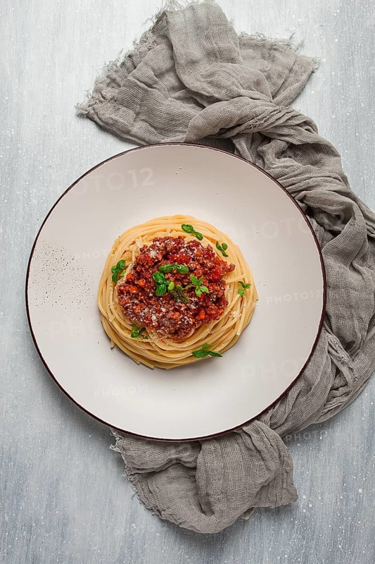 Spaghetti Bolognese, top view, close-up, no people, homemade