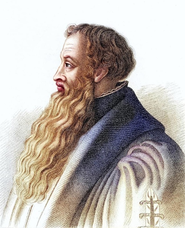 Johannes a Lasco or Jan Laski (ca. 1499-1560), Polish Protestant clergyman of the Reformation. At Cranmer's invitation, he became the leader of the Protestant refugees in London, where he preached during the reign of Edward VI. He left England after the accession of the Roman Catholic Mary I. Copper engraving from 1825, Historical, digitally restored reproduction from a 19th century original, Record date not stated
