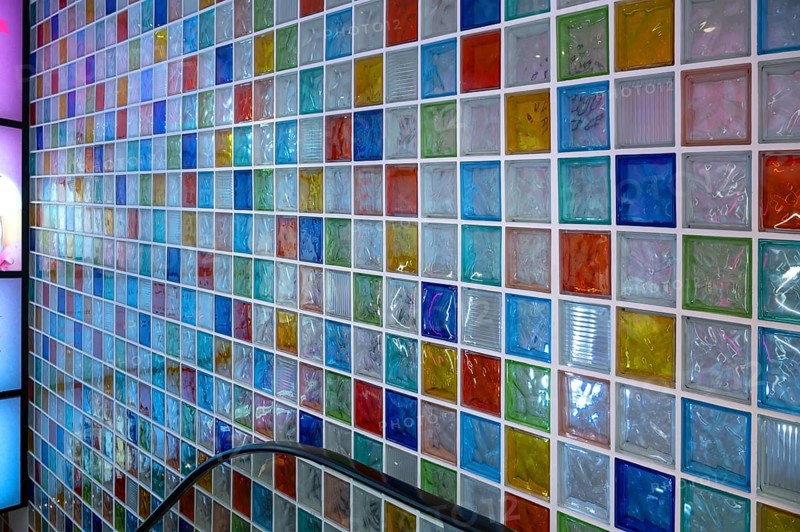 Wall with colored glass blocks in a stairwell, Nuremberg, Middle Franconia, Bavaria, Germany