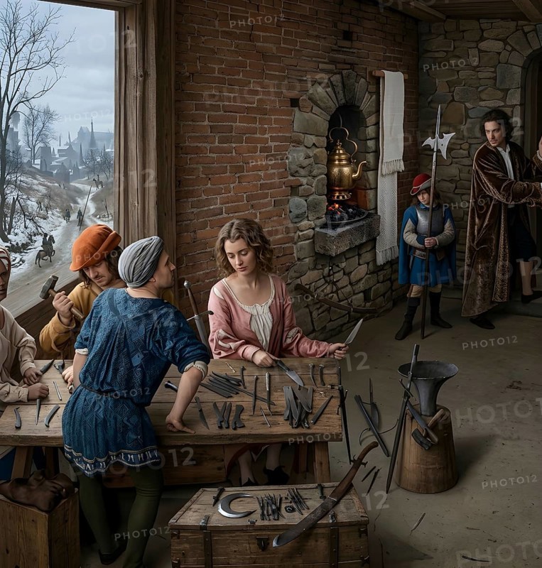 At the swordsweeper and cutler in 1506, symbolic image of the Middle Ages, history, guild, craft, shearing, knife, craftsmanship, historical illustration, digitally edited