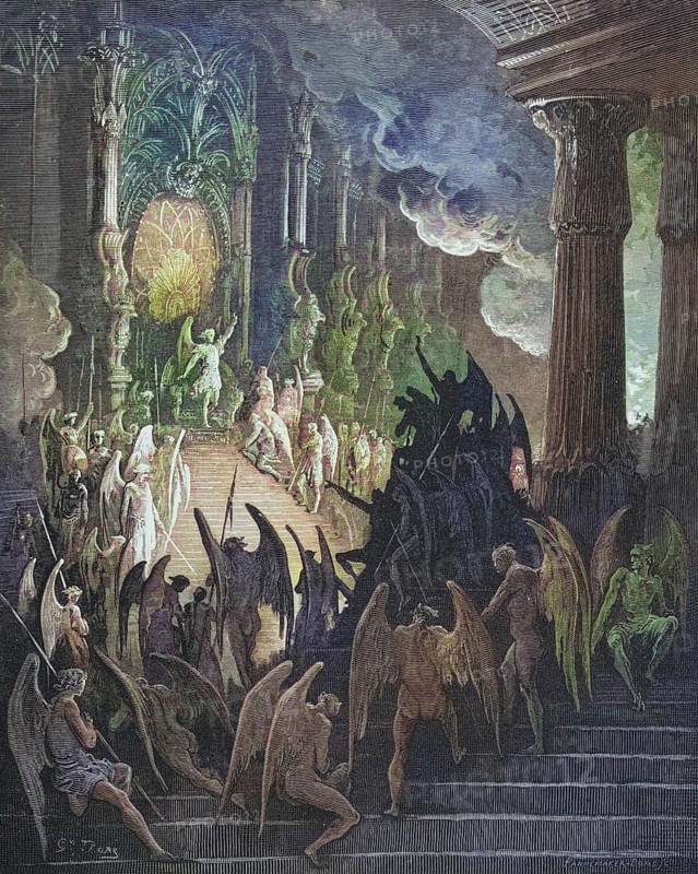 Illustration by Gustave Dore (1832-1883) for Paradise Lost, The Paradise Lost, published in 1667, is an epic poem in blank verse by the English poet John Milton, Inferno, Hell, Paradise, Angel, Damnation, Historical, digitally restored reproduction from a 19th century original, Record date not stated