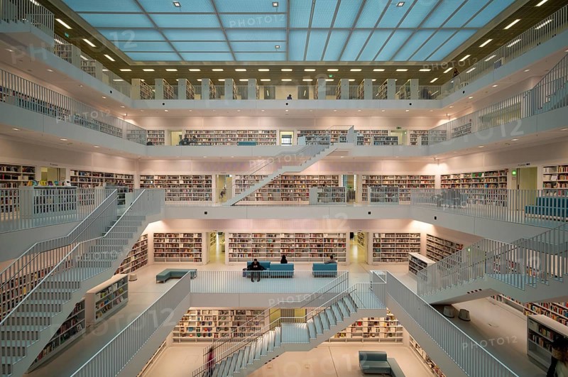 Interior view, gallery room with staircases of the city library, architect Eun Young Yi, Stuttgart, Baden-Württemberg, Germany