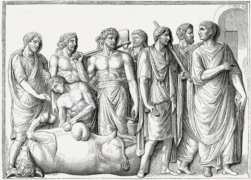 A haruspex observing a liver of a sacrificed animal, Ancient Rome