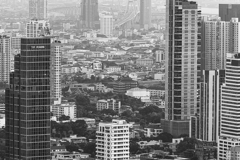 Over the rooftops of Bangkok, view from the Moon Bar on the roof terrace of the Banyan Tree hotel, black and white photo, Sathon, Bangkok, Thailand's metropolis, Thailand