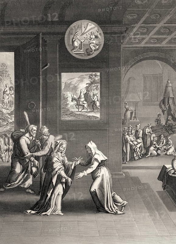 The Visitation, visit of Blessed Virgin Mary to St. Elizabeth, 1853, Steel engraving digitally restored