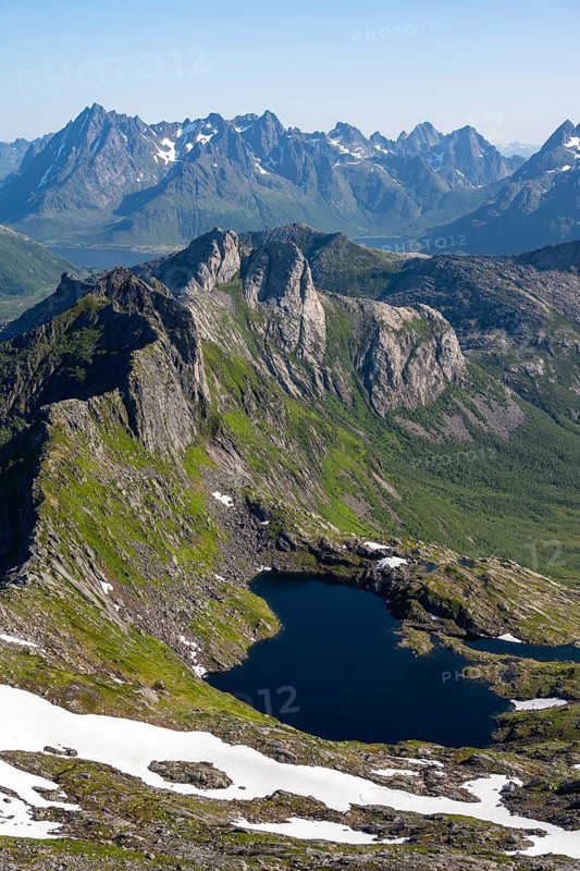 Mountains and fjord landscape, view from the summit of Rundfjellet, Lake Hellskarvatnet, Svolvaer, Nordland, Norway