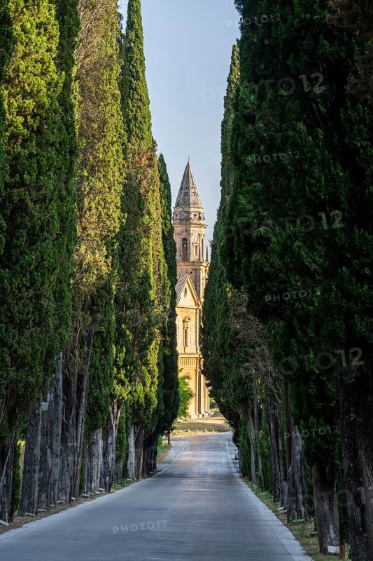 Road going through cypress trees to San Biagio Renaissance Church in autumn, architect Antonio da Sangallo, Montepulciano, Tuscany, Italy
