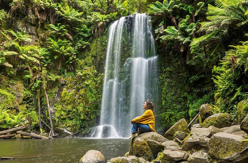 A woman sits peacefully on moss covered rocks near a waterfall surrounded by lush green ferns in the Great Ocean Road, Australia. Serenity and nature combine in this tranquil forest setting