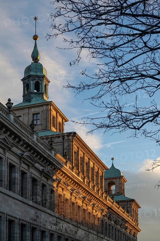 Detailed view of the facade of the historic Wolf Town Hall in the evening light, Nuremberg, Middle Franconia, Bavaria, Germany