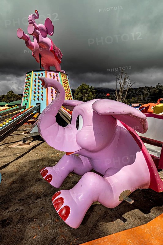 Pink elephant figures of a stopped carousel on a cloudy day, amusement park and carousel in Nuwara Eliya Sri Lanka
