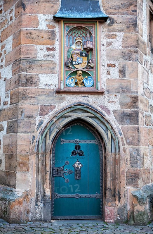 Relief image of St Elizabeth, Elizabeth of Hungary, 1207 - 1231, Renaissance Tower of the historic Town Hall, Marburg, Hesse, Germany, Europe, Reliefbild der hl. Elisabeth, Elisabeth von Thüringen, 1207 - 1231, Renaissance-Turm am historischen Rathaus, Marburg, Hessen, Deutschland, Europa