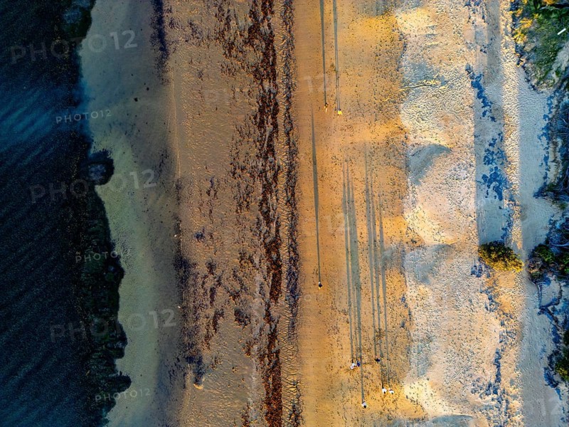 Aerial shot of a sandy beach during sunset, casting long shadows across the sand in the Great Ocean Road, Australia. The ocean edge meets the shore with gentle waves, creating a tranquil seascape