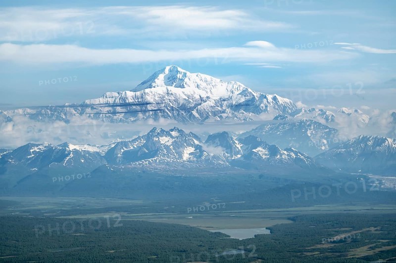 Aerial view, Mt Denali with river and forest, Alaska Range, Denali National Park, Alaska, USA