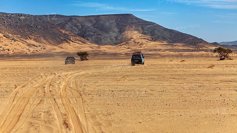 Two vehicles leave tracks on a large, flat expanse of sand near the mountains, With off-road vehicles through the endless desert landscape of the Sahara in Algeria
