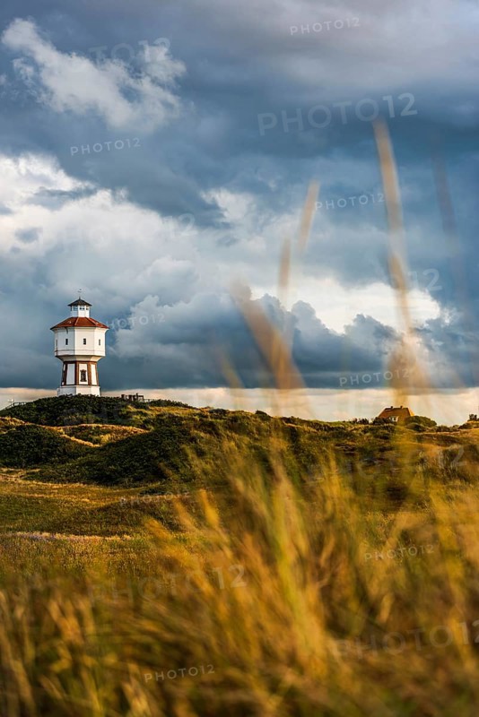 Water tower, clouds, weather, gloomy, cloudy, cloudy sky, storm, stormy, dune landscape, North Sea island, Langeoog, Germany