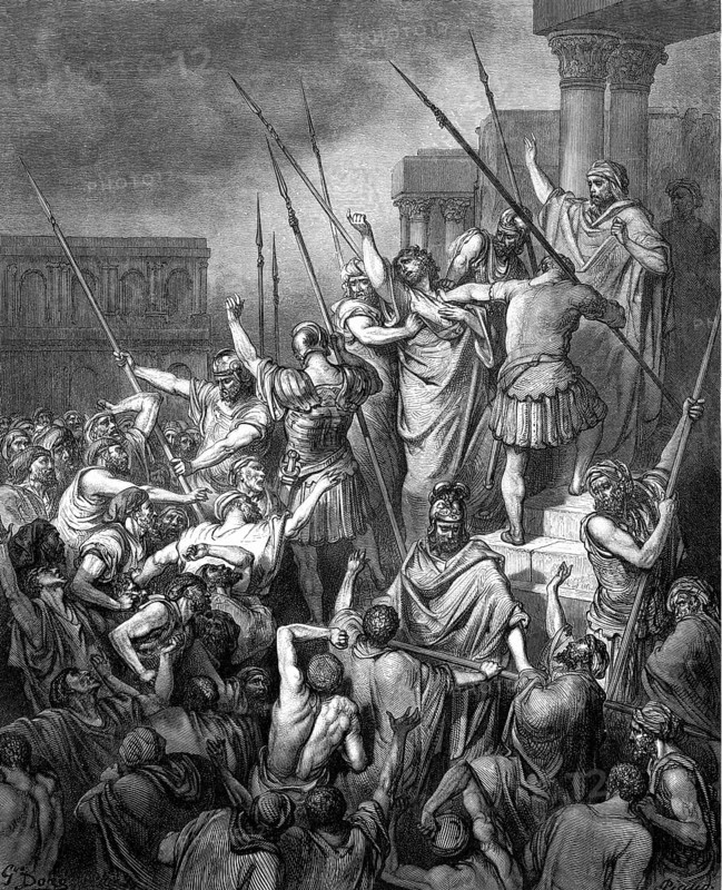 Paul threatened by the Jews in Jerusalem, story of the Apostles chapter 21, verse 27, traitors, Jews, province of Asia, crowd, battle, soldiers, weapons, lances, arrest, seize, incitement, anger, people, law, temple, doctrine, betrayal, Greeks, profane, Christian religion, Bible, New Testament, steel engraving Doré, historical illustration 1885