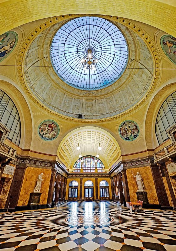 Foyer with glass dome in the spa hotel and Casino in the evening, Wiesbaden, Hesse, Germany