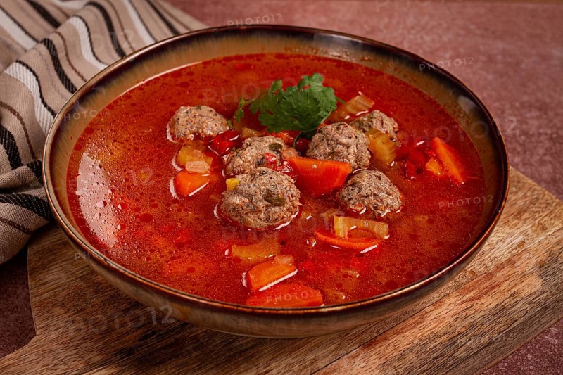 Romanian soup with meatballs, vegetable soup with meatballs, homemade, no people