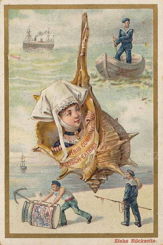 Picture series Situations by the sea, shell, fisherman, Liebig picture, digitally restored reproduction of a collector's picture from around 1900, public domain, exact date unknown, A child looks out of a large shell while sailors work on the sea in the background
