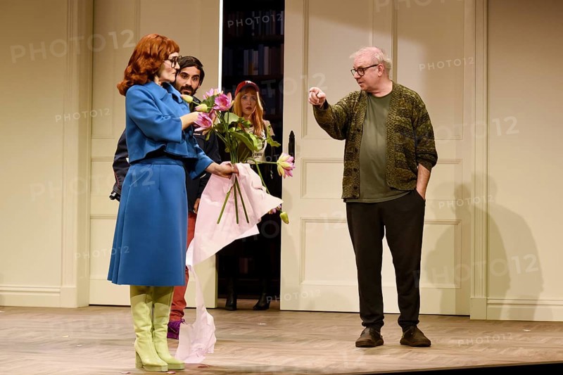 Joachim Krol (Wolfgang), Katharine Mehrling (Sophia), Tanju Bilir (Jonas), Sophia oder das Emde der Humanisten, German premiere, photo rehearsal on 11.03.2026 at the Renaissance Theatre, Berlin, premiere on 15.03.2026