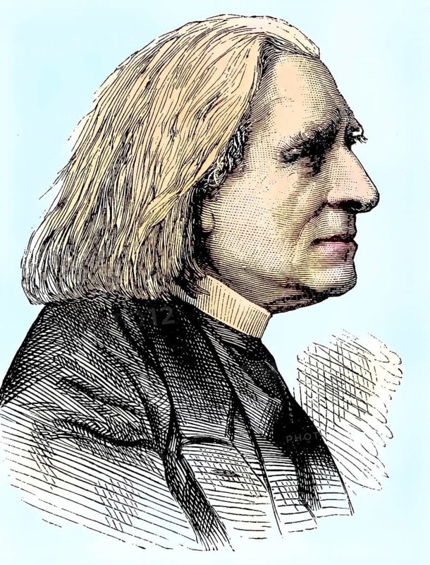 Franz Liszt, 1811, 1886, composer, pianist, conductor, theatre director, music teacher and writer, portrait, Coloured wood engraving, Reproduction from a model from ca 1888, Historical, Historical black and white drawing of a man in profile with a serious expression on his face