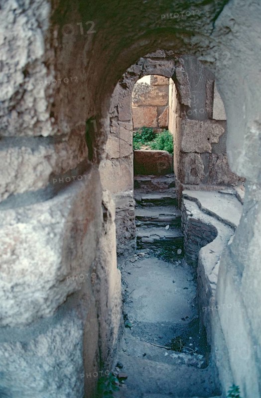 Baptismal font for mass baptisms of adults, baptistery, baptismal church, monastery of St Simeon Stylites, Qal?at Sim?an, near Aleppo, Syria, May 1987, vintage, retro, old, historical