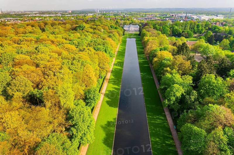 Aerial view of Spiegelweiher and Benrath Palace and Park, Düsseldorf, Germany