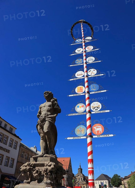 In the city centre of Bayreuth, Hercules Fountain and Guild Tree, Bayreuth, Upper Franconia, Bavaria, Germany