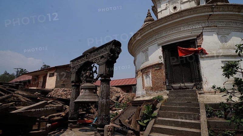 Temple with severe cracks among rubble, destruction after the earthquake, Durbar Square, Kathmandu, Nepal