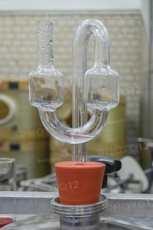 Fermentation tubes on sealed steel barrels for the fermentation of alcoholic beverages, Germany