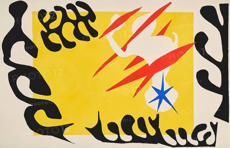 Henri Matisse, Henri Emile Benoit Matisse (born 31 December 1869, died 3 November 1954 in Cimiez), French painter, graphic artist, draughtsman, Classical Modernist. Here his work:, The nightmare of the white elephant (1947), The nightmare of the white elephant, Painting, Reproduction of the painting, Artwork, Historical, Dynamic abstract artwork with yellow background, black shapes and red and blue accents
